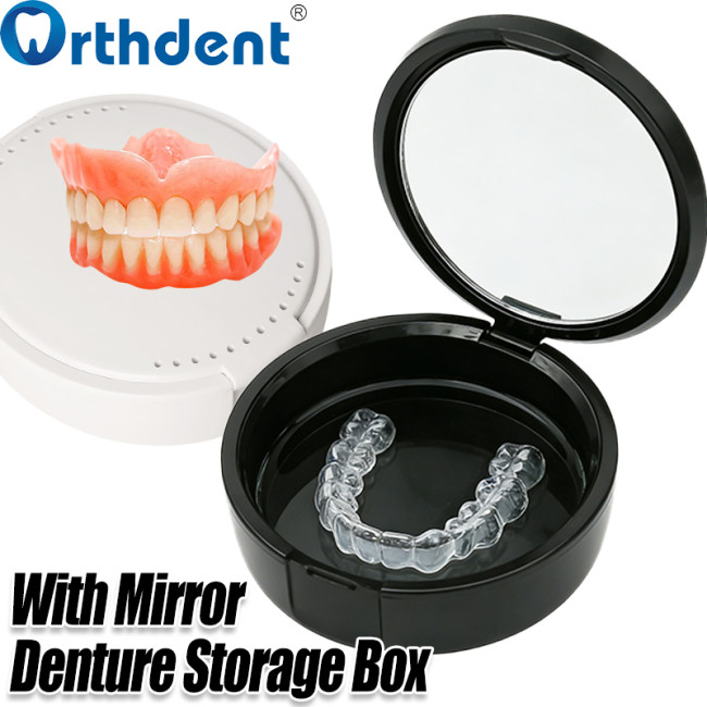 Denture Storage Box with Mirror Dental Orthodontic False Teeth Storage Boxes Black/White