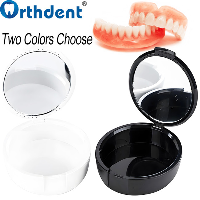 Denture Storage Box with Mirror Dental Orthodontic False Teeth Storage Boxes Black/White