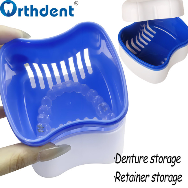 Denture Bath Case Denture Box with Strainer Basket Container Dental Tooth Storage Bath Case Teeth Rinsing Basket