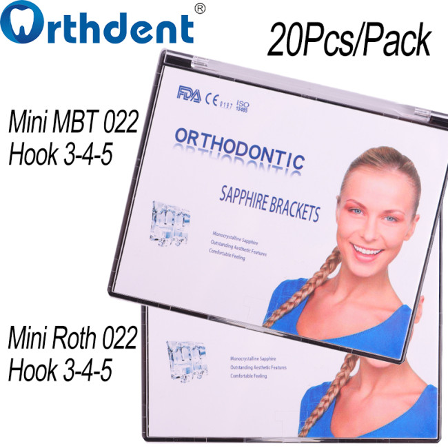 Dental Mini Roth/MBT 0.022 Monocrystalline Sapphire Brackets with Hooks 3-4-5 | 20Pcs/Kit