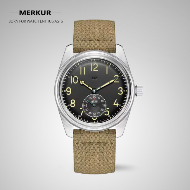 MERKUR Made China 304 Pilot Watch Mechanical Mens Sub second Hand Watch retro oil yellow luminous handwind