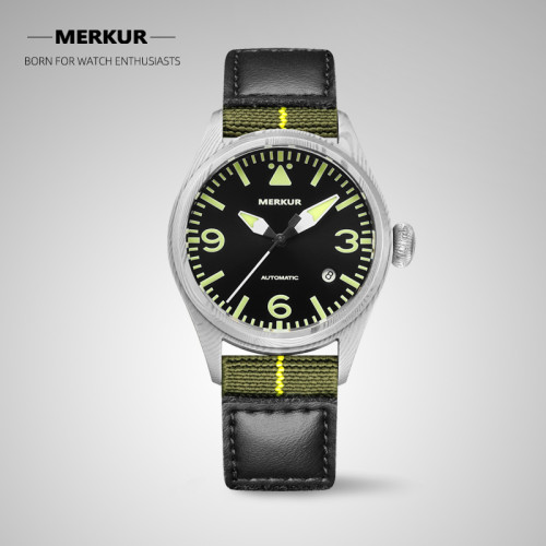 Merkur Damascus Steel Diving pilot Mechanical Diving Watch Sapphire Swiss STP -1