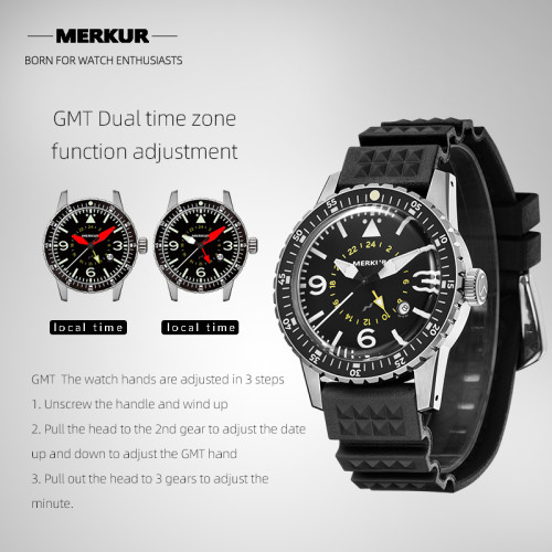 MERKUR GMT PILOT Series 100M Water Proof  High Beat Automatic Sapphire Ceramic Bezel Men's Diver Sport Luxury Dress Watch