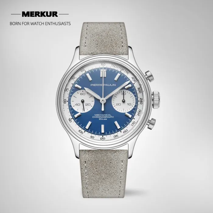 New PIERRE PAULIN  Retro 70‘s Vintage Panda Style Chronograph Mechanical Men's Complicated Acrylic 38MM Small Luxury Classic Wrist Watch