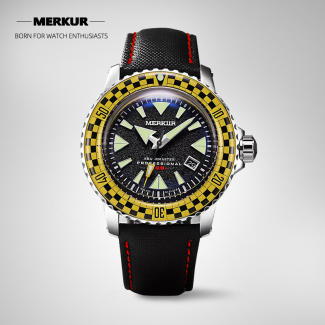 NEW MERKUR SHARK MASTER Sapphire Vintage Racing Rally Yellow Red Bezel Sport Japan NH35 Automatic Diver‘s Men’s Luxury 44MM Watch