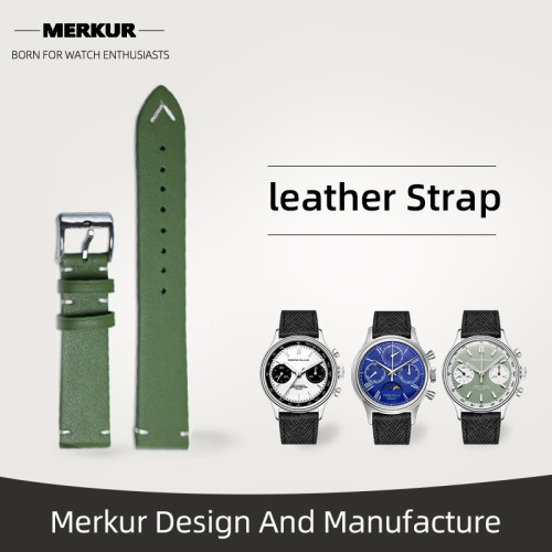 New MERKUR Watch Soft  Leather Band Strap 18MM Green Black  From Merkur Military  water Resist For Mens Womens Watches Diver Chronograph Tourbillon Vintage Retro Pilot Watch Seagull 1963