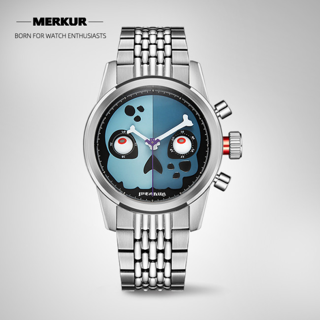 New MERKUR Skull Chronograph  Sapphire Vintage Handwinding MechanicalFor Mens Seagull 1963 movement