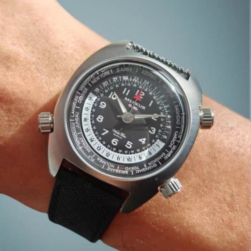 The New MERKUR World Time Alarm Clock Retro All Steel Leisure Limited Edition Manual Mechanical Watch for Men