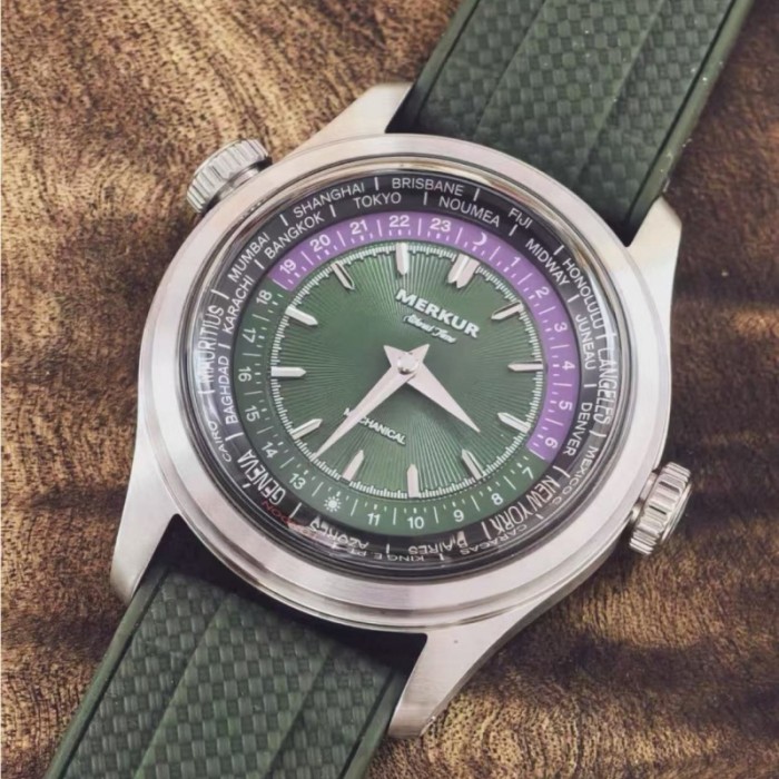 World Time Enamel Dial casual manual mechanical watch steel watch Vintage Date Window