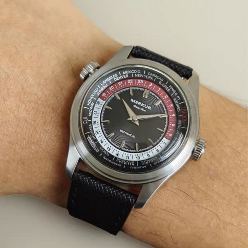 World Time Enamel Dial casual manual mechanical watch steel watch ...