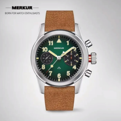 New MERKUR Big Eye Chronograph Sapphire Vintage Handwinding Mechanical Type 20 Big Pilot Watch Gradient Green For Mens Seagull 1963 movement