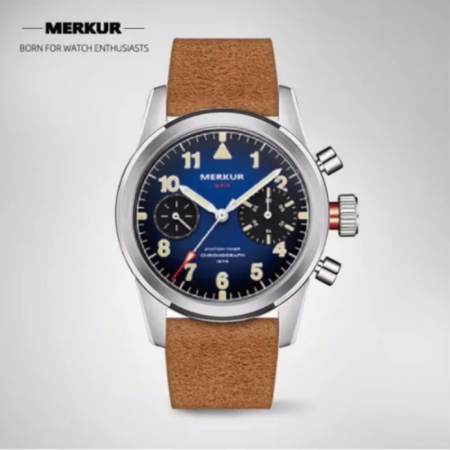 New MERKUR Big Eye Chronograph Sapphire Vintage Handwinding Mechanical Type 20 Big Pilot Watch Gradient Green For Mens Seagull 1963 movement