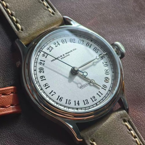 NEW Merkur Minimalist Bauhaus Manual Mechanical Watch Men's Retro Big Face Cat 24 Hours