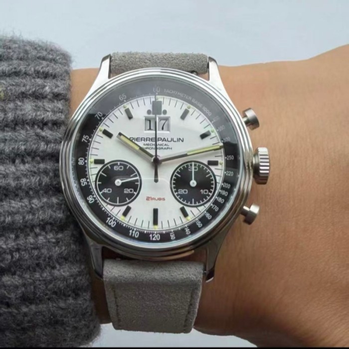 New PIERRE PAULIN  Large Date White Sapphire Vintage Mechanical Chronograph