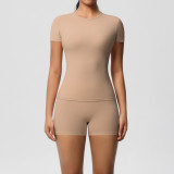 European and American cross-border solid color nude feeling skin-friendly sports yoga clothes slimming stretch T-shirt fitness shorts suit for women