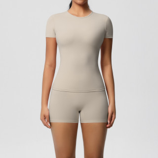 European and American cross-border solid color nude feeling skin-friendly sports yoga clothes slimming stretch T-shirt fitness shorts suit for women