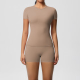 European and American cross-border solid color nude feeling skin-friendly sports yoga clothes slimming stretch T-shirt fitness shorts suit for women