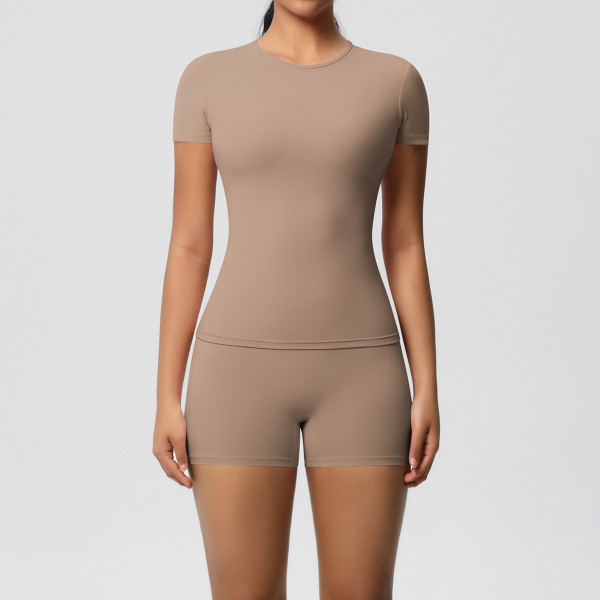 European and American cross-border solid color nude feeling skin-friendly sports yoga clothes slimming stretch T-shirt fitness shorts suit for women
