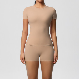 European and American cross-border solid color nude feeling skin-friendly sports yoga clothes slimming stretch T-shirt fitness shorts suit for women