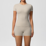 DianDONG Pure color nude feeling skin-friendly sports yoga clothes slim fit stretch T-shirt fitness shorts suit for women