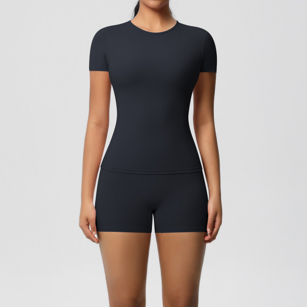 DianDONG Pure color nude feeling skin-friendly sports yoga clothes slim fit stretch T-shirt fitness shorts suit for women