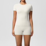 DianDONG Pure color nude feeling skin-friendly sports yoga clothes slim fit stretch T-shirt fitness shorts suit for women