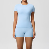 DianDONG Pure color nude feeling skin-friendly sports yoga clothes slim fit stretch T-shirt fitness shorts suit for women