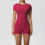 DianDONG Pure color nude feeling skin-friendly sports yoga clothes slim fit stretch T-shirt fitness shorts suit for women