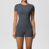 DianDONG Pure color nude feeling skin-friendly sports yoga clothes slim fit stretch T-shirt fitness shorts suit for women
