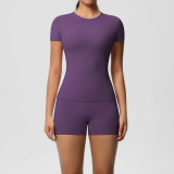 DianDONG Pure color nude feeling skin-friendly sports yoga clothes slim fit stretch T-shirt fitness shorts suit for women