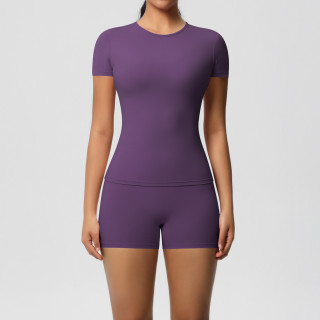 DianDONG Pure color nude feeling skin-friendly sports yoga clothes slim fit stretch T-shirt fitness shorts suit for women