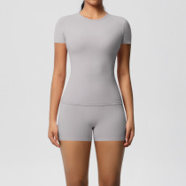 DianDONG Pure color nude feeling skin-friendly sports yoga clothes slim fit stretch T-shirt fitness shorts suit for women