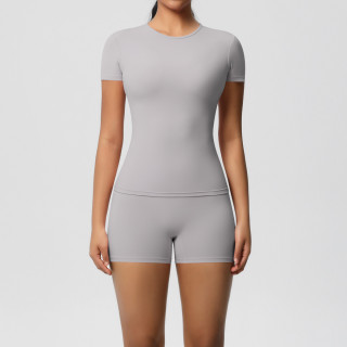 DianDONG Pure color nude feeling skin-friendly sports yoga clothes slim fit stretch T-shirt fitness shorts suit for women