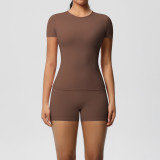 DianDONG Pure color nude feeling skin-friendly sports yoga clothes slim fit stretch T-shirt fitness shorts suit for women