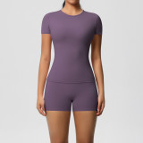 DianDONG Pure color nude feeling skin-friendly sports yoga clothes slim fit stretch T-shirt fitness shorts suit for women