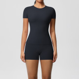 DianDONG Pure color nude feeling skin-friendly sports yoga clothes slim fit stretch T-shirt fitness shorts suit for women