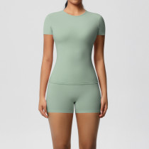 DianDONG Pure color nude feeling skin-friendly sports yoga clothes slim fit stretch T-shirt fitness shorts suit for women