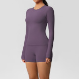 DianDONG Pure color nude feeling skin-friendly sports yoga clothes slim fit stretch T-shirt fitness shorts suit for women