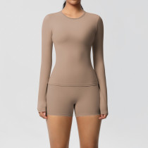 DianDONG Pure color nude feeling skin-friendly sports yoga clothes slim fit stretch T-shirt fitness shorts suit for women