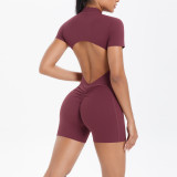 DianDONG Pure color nude feeling skin-friendly sports yoga clothes slim fit stretch T-shirt fitness shorts suit for women