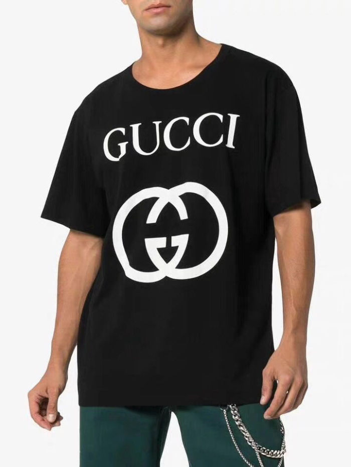 19SSGucci Double G Big Letter Short Sleeve T-Shirt Black and White