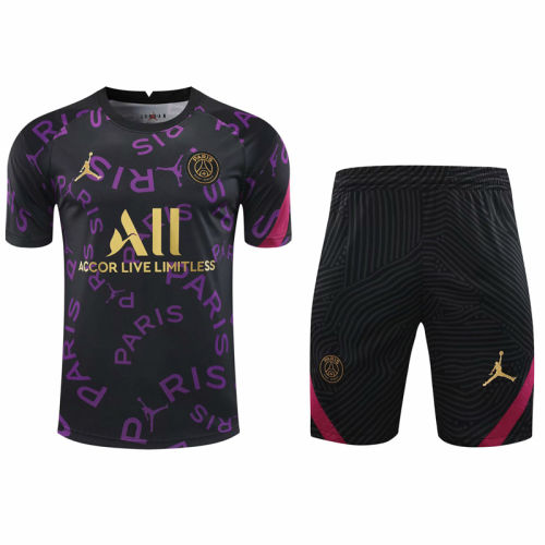 2021PSG Jordan black short sleeve training suit(Shirt + Pant)
