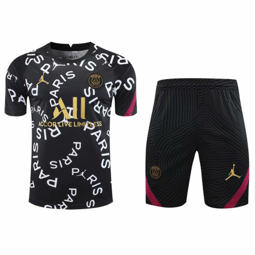 2021PSG Jordan black short sleeve training suit(Shirt + Pant)