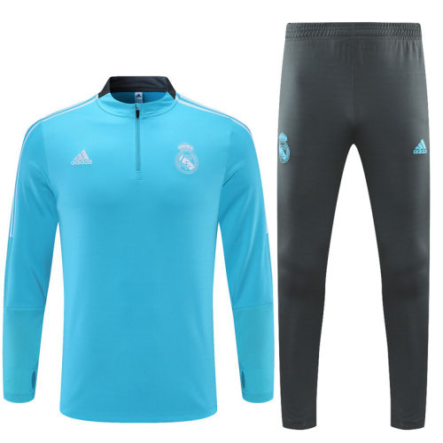 2021-2022 Real Madrid Kids Light Blue Half Pull Training Suit and Pants