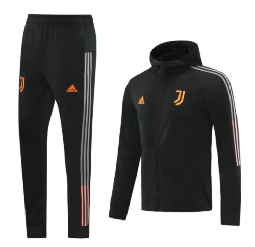 Juventus Black Hoodie Webbing Hooded Jacket Training Suit Grey (Top + Pant)