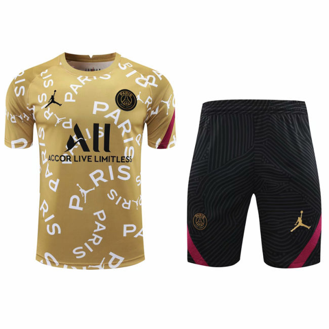 2021 PSG Jordan yellow short sleeve training suit(Shirt + Pant)