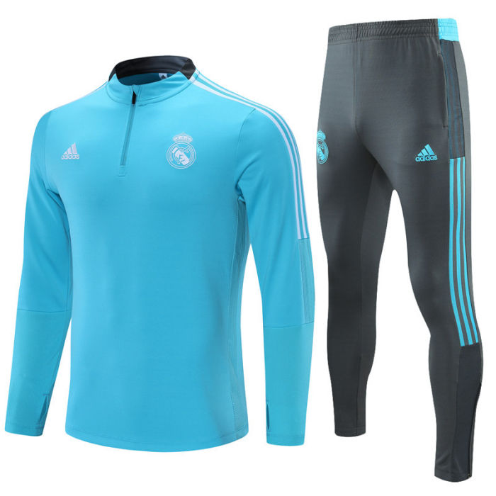 2021-2022 Real Madrid Kids Light Blue Half Pull Training Suit and Pants