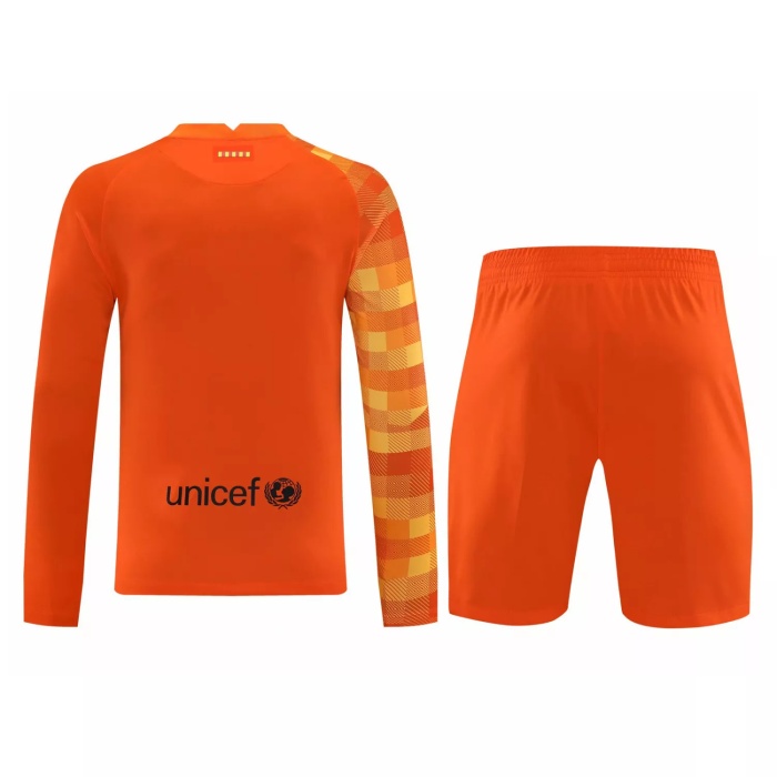 Mens Barcelona Goalkeeper Orange Long Sleeve Jersey + Shorts Set 2021/22