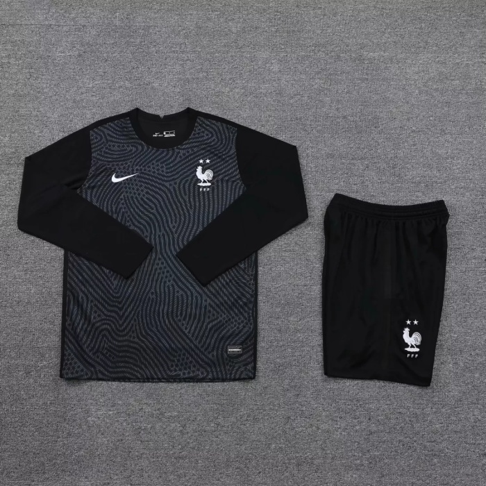 Mens France Goalkeeper Black Long Sleeve Jersey + Shorts Set 2021/22