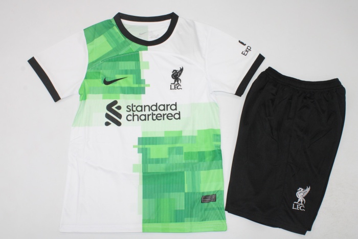 Kids-Liverpool 23/24 Away White/Green Leaked Soccer Jersey